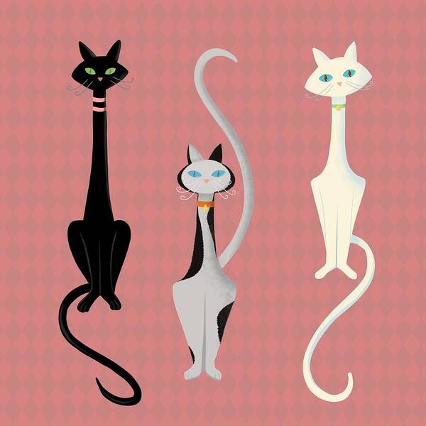 Cats Poster featuring the painting Midcentury Modern Sleek And Stylish Parisian Kitty Cat Trio by Little Bunny Sunshine