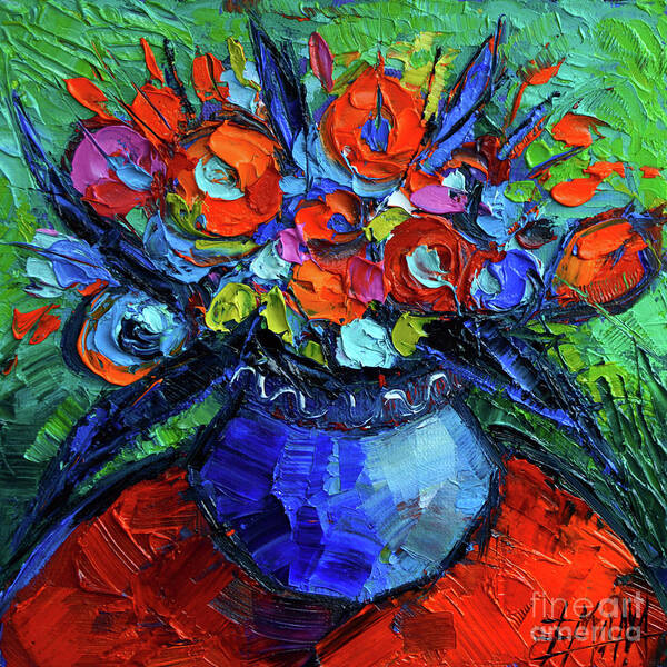 Mini Floral On Red Round Table Poster featuring the painting Mini Floral on Red Round Table by Mona Edulesco