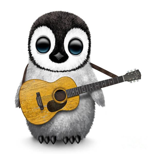 Penguin Poster featuring the digital art Musical Baby Penguin Playing the Acoustic Guitar by Jeff Bartels