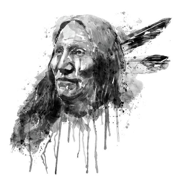 Native American Poster featuring the painting Native American Portrait Black and White by Marian Voicu