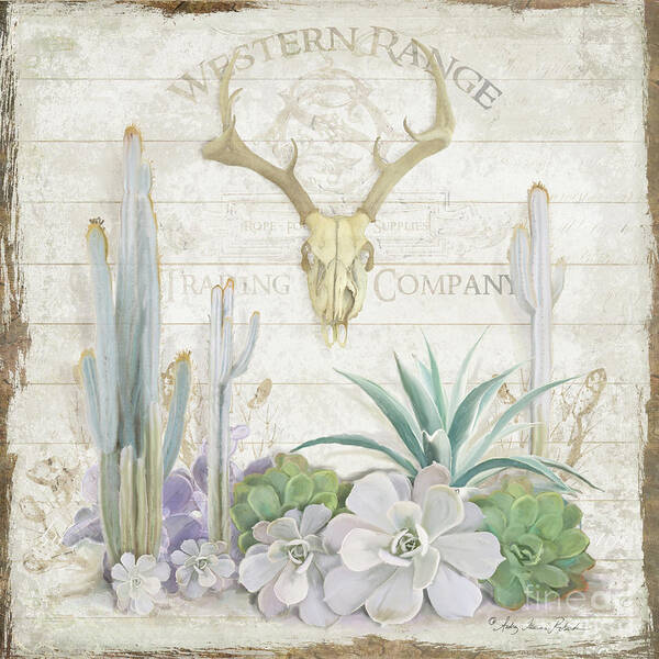 Deer Skull Poster featuring the painting Old West Cactus Garden w Deer Skull n Succulents over Wood by Audrey Jeanne Roberts