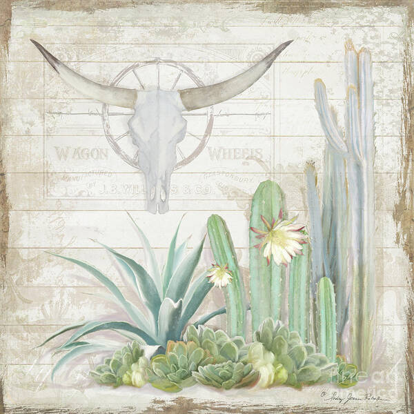 Longhorn Cow Skull Poster featuring the painting Old West Cactus Garden w Longhorn Cow Skull n Succulents over Wood by Audrey Jeanne Roberts