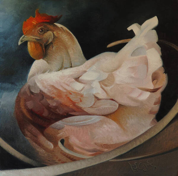 Hen Chicken Barn Farm Chickens Rooster Eggs Straw Hay Barnyard Country Oil Painting Fine Art Unique Farming Artistic Style Feathers Poster featuring the painting On The Hen House by T S Carson