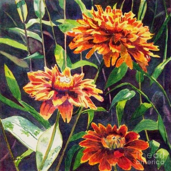 Flowers Poster featuring the painting Orange Zinnias by LeAnne Sowa