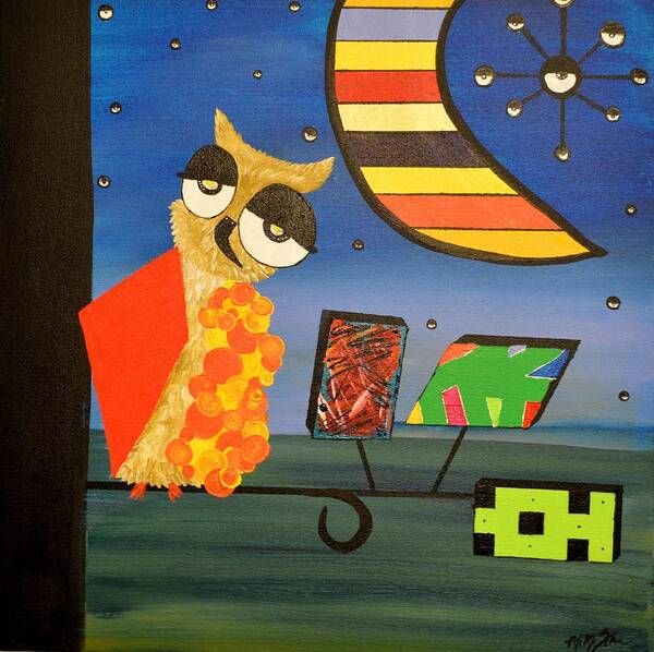Owl Drawing Poster featuring the painting Original Acrylic Artwork By MiMi Stirn - HooMasters Collection - HooPicasso #410 by MiMi Stirn
