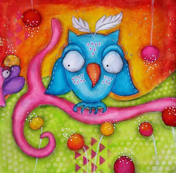 Colorful Poster featuring the mixed media Owl-ala by Barbara Orenya