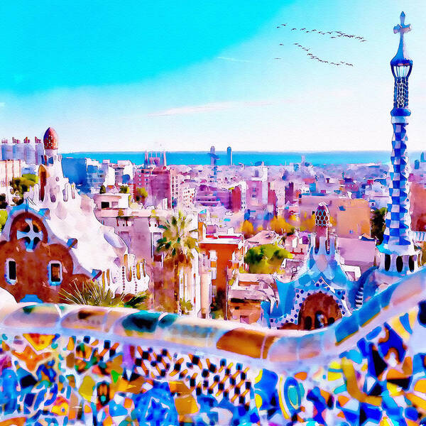 Marian Voicu Poster featuring the painting Park Guell Watercolor painting by Marian Voicu