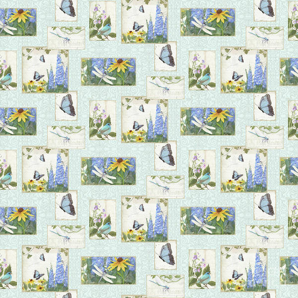 Half Drop Repeat Poster featuring the painting Pattern Butterflies Dragonflies Birds and Blue and Yellow Floral by Audrey Jeanne Roberts