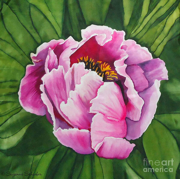 Hand Dyed Silk Poster featuring the tapestry - textile Pink Peony on Silk by Suzanne Schaefer