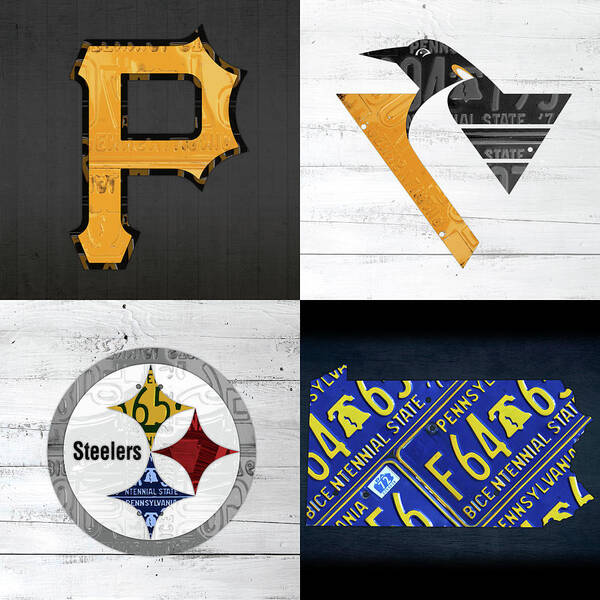 Pittsburgh Poster featuring the mixed media Pittsburgh Sports Team Logo Art Plus Pennsylvania Map Pirates Penguins Steelers by Design Turnpike