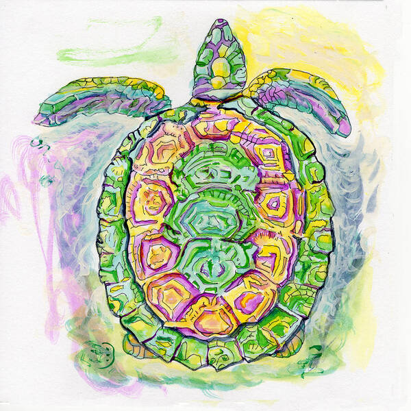 Purple Poster featuring the painting Purple Blue Yellow Sea Watercolor Series 2 Turtle by Shelly Tschupp