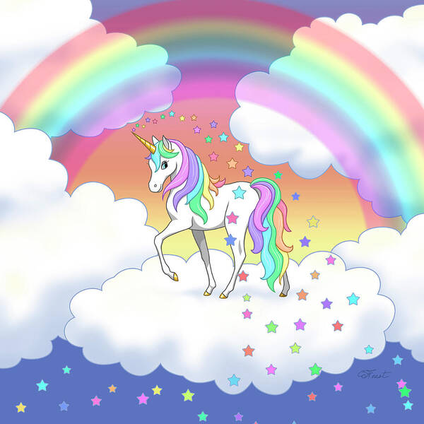 Unicorn Poster featuring the digital art Rainbow Unicorn Clouds and Stars by Crista Forest
