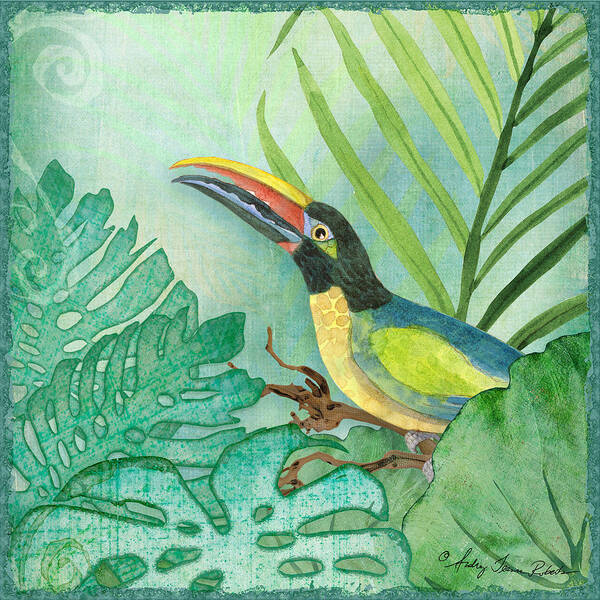 Square Format Poster featuring the painting Rainforest Tropical - Jungle Toucan w Philodendron Elephant Ear and Palm Leaves 2 by Audrey Jeanne Roberts