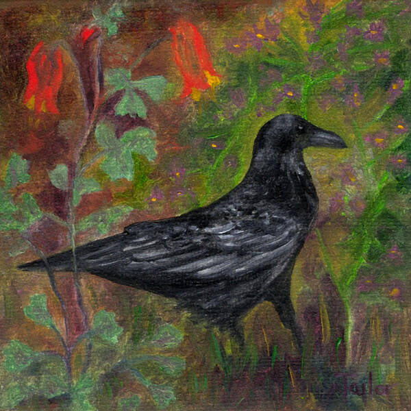 Birds Poster featuring the painting Raven in Columbine by FT McKinstry