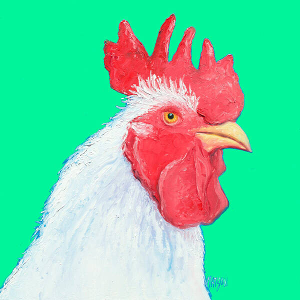 Rooster Poster featuring the painting Rooster Art on green background by Jan Matson