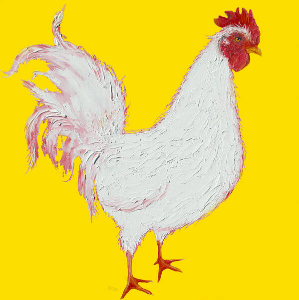 Rooster Poster featuring the painting Rooster Art on yellow background by Jan Matson