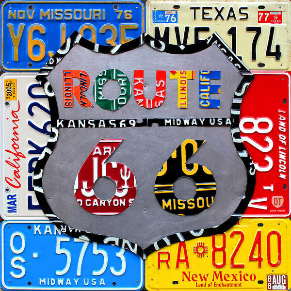 Route 66 Highway Road Sign License Plate Art Travel License Plate Map Poster featuring the mixed media Route 66 Highway Road Sign License Plate Art by Design Turnpike