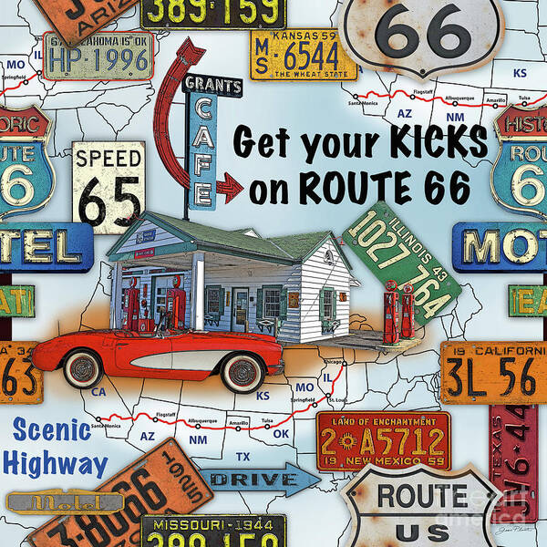 Route 66 Poster featuring the painting Route 66-JP3933 by Jean Plout