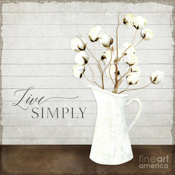 Milk Pitcher Poster featuring the painting Rustic Farmhouse Cotton Boll Milk Pitcher Live Simply by Audrey Jeanne Roberts