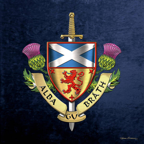 “world Heraldry” Collection Serge Averbukh Poster featuring the digital art Scotland Forever - Alba Gu Brath - Symbols of Scotland over Blue Velvet by Serge Averbukh