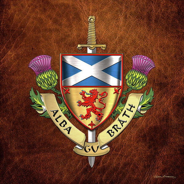 “world Heraldry” Collection Serge Averbukh Poster featuring the digital art Scotland Forever - Alba Gu Brath - Symbols of Scotland over Brown Leather by Serge Averbukh