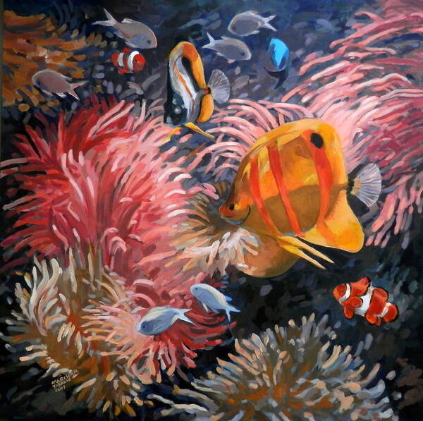 Sea Anemone Poster featuring the painting Sea Anemone and Fish by Martha Tisdale
