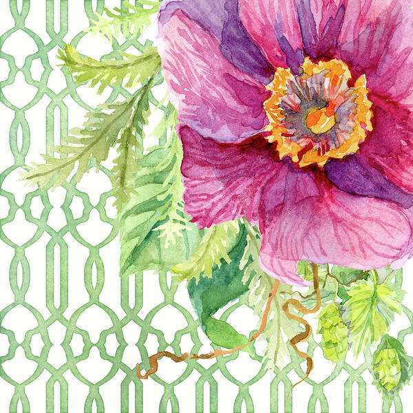 Watercolor On Paper Poster featuring the painting Secret Garden 1 - Single Peony Fern Hops and Trellis by Audrey Jeanne Roberts