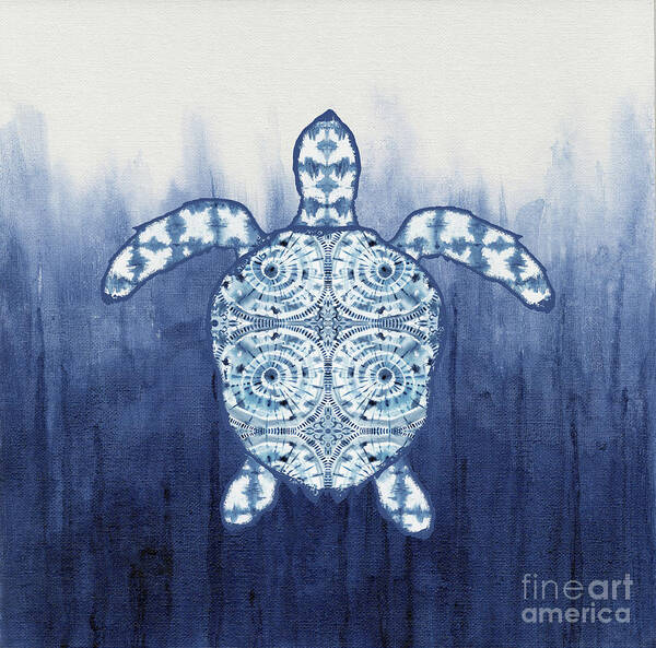 Shibori Poster featuring the painting Shibori Blue 1 - Patterned Sea Turtle over Indigo Ombre Wash by Audrey Jeanne Roberts