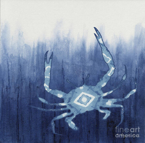 Blue Crab Poster featuring the painting Shibori Blue 4 - Patterned Blue Crab over Indigo Ombre Wash by Audrey Jeanne Roberts
