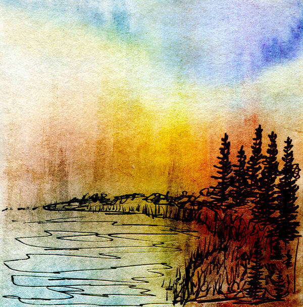 Water Trees Pine North Tree Sunset Twilight Sky Scene Outdoors Nature Lake Dusk Calm Woods Wilderness Tranquil Shore Scenic Peaceful Outside Nobody Landscape Color Watermedia Watercolor Wash Wall Vast Unspoiled Tranquility Sunrise Sundown Stillness Square Spruce Silhouette Serenity Restful Rest Red Quietness Quiet Pristine Pines Pen Peace Painting Northern Mood Line Kyllo Ink Idyllic Forest Fir Evergreen Evening Dramatic Decor Dawn Cool Colorful Coast Breathtaking Beauty Beautiful Poster featuring the drawing Shoreline by R Kyllo