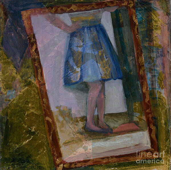 Blue Dress Poster featuring the mixed media Shy Reflection by Carol Oufnac Mahan