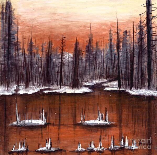#snow #trees #water #forests #lakes #frozen #landscapes #glow #copper Poster featuring the painting Snow Glow by Allison Constantino