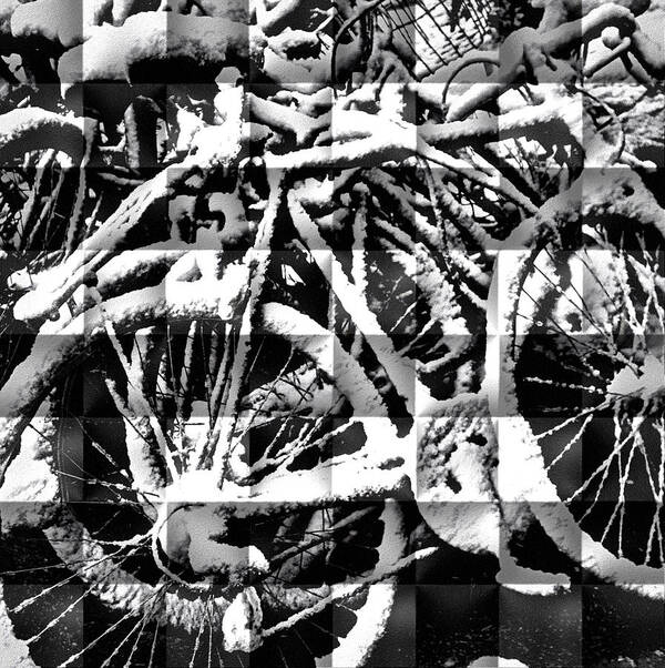 Black And White Photo Of Bikes Covered In Snow. Digitally Enhanced.black Bike Poster featuring the photograph Snowy Bike by Joan Reese