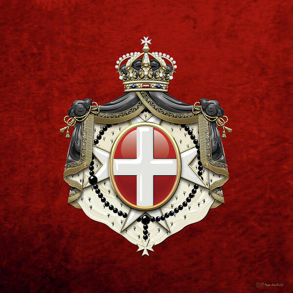 'ancient Brotherhoods' Collection By Serge Averbukh Poster featuring the digital art Sovereign Military Order of Malta Coat of Arms over Red Velvet by Serge Averbukh