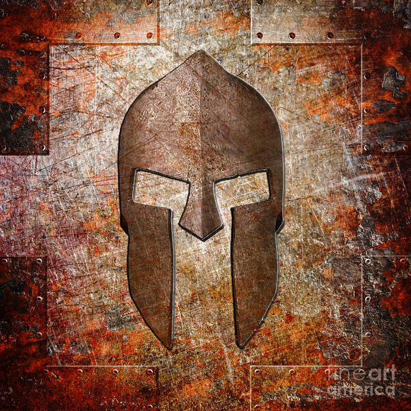 Spartan Poster featuring the digital art Spartan Helmet on Rusted Riveted Metal Sheet by Fred Ber