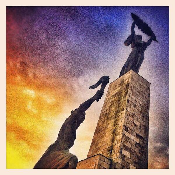 Budapest Poster featuring the photograph #statue #sunset #sky #clouds #budapest by Luigino Bottega