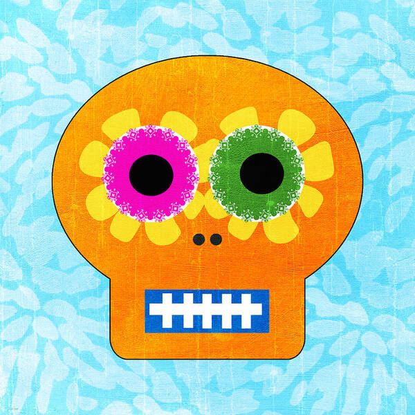 Day Of The Dead Poster featuring the painting Sugar Skull Orange and Blue by Linda Woods