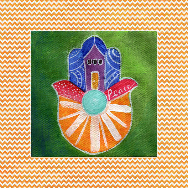 Hamsa Poster featuring the painting Sunburst Hamsa with Chevron Border by Linda Woods