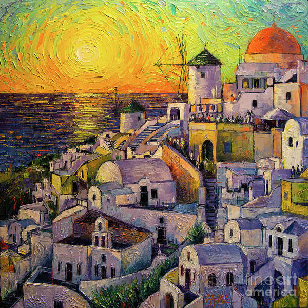 Sunset In Santorini Poster featuring the painting Sunset In Santorini by Mona Edulesco