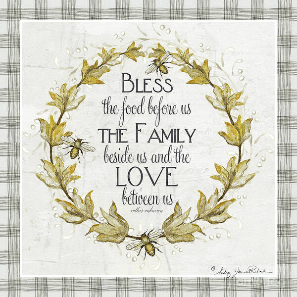 Bless The Food Poster featuring the painting Sweet Life Farmhouse 4 Laurel Leaf Wreath Bee Bless This Food by Audrey Jeanne Roberts