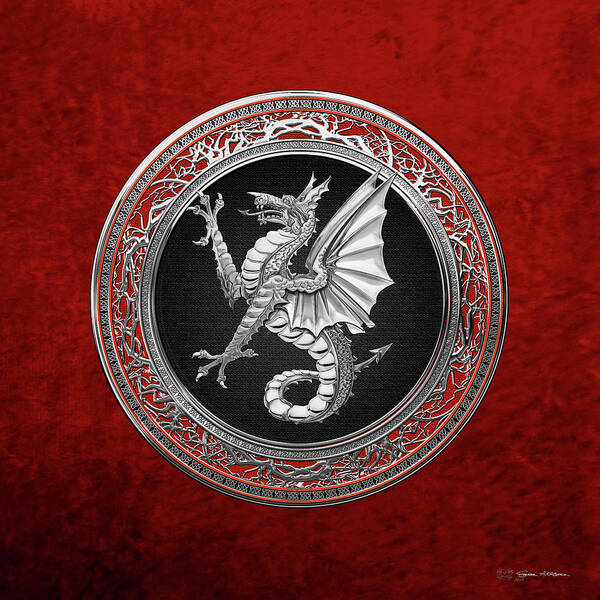 ‘the Great Dragon Spirits’ Collection By Serge Averbukh Poster featuring the digital art The Great Dragon Spirits - Silver Sea Dragon over Red Velvet by Serge Averbukh