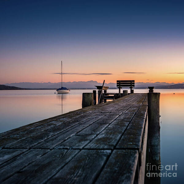 Ammersee Poster featuring the photograph The jetty to sunset by Hannes Cmarits
