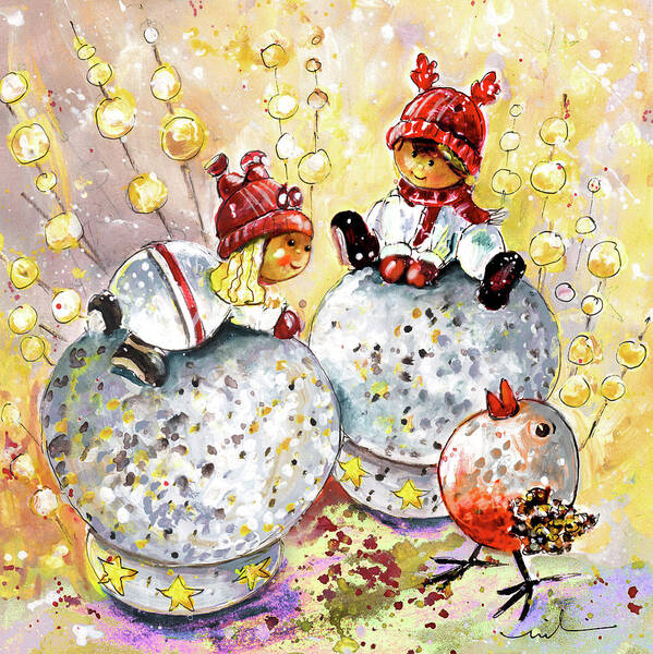 Christmas Poster featuring the painting The Two Elves And The Bird by Miki De Goodaboom