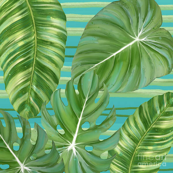 Tropical Poster featuring the painting Tropical Leaf Striped Pattern Teal Turquoise Green by Audrey Jeanne Roberts