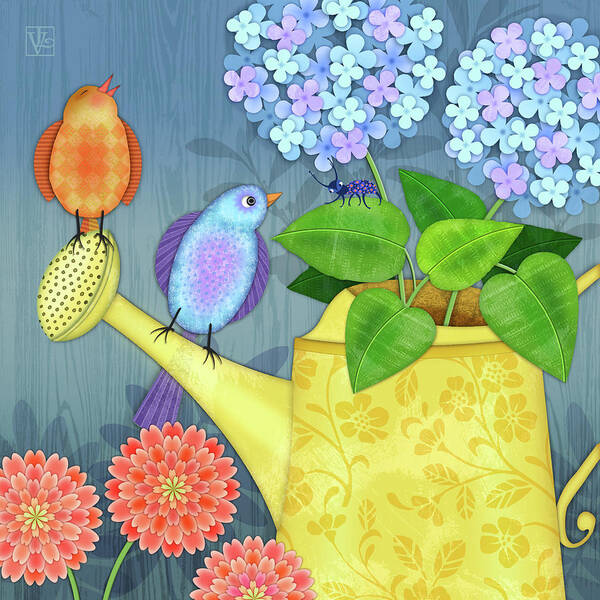 Garden Poster featuring the digital art Two Birds on a Watering Can by Valerie Drake Lesiak