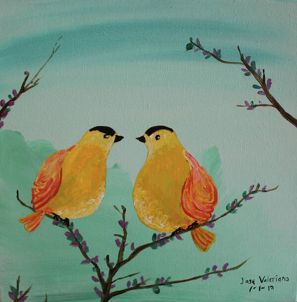 Acrylic Poster featuring the painting Two Yellow Chickadees by Martin Valeriano
