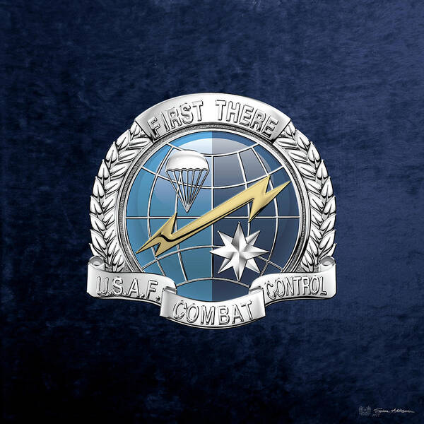 'military Insignia & Heraldry' Collection By Serge Averbukh Poster featuring the digital art U. S. Air Force Combat Control Teams - Combat Controller C C T Badge over Blue Velvet by Serge Averbukh