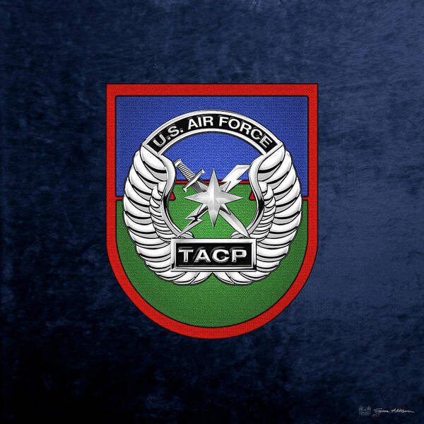 'military Insignia & Heraldry' Collection By Serge Averbukh Poster featuring the digital art U. S. Air Force Tactical Air Control Party - T A C P Beret Flash With Crest over Blue Velvet by Serge Averbukh
