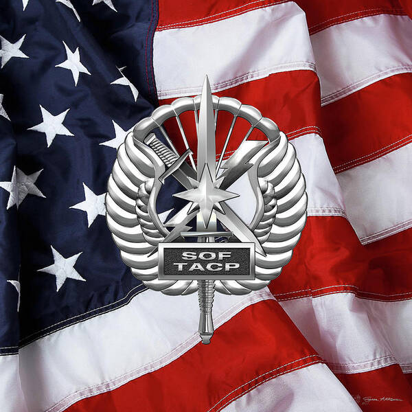 'military Insignia & Heraldry' Collection By Serge Averbukh Poster featuring the digital art U. S. Air Force Tactical Air Control Party - USAF Special Tactics TACP Badge over American Flag by Serge Averbukh