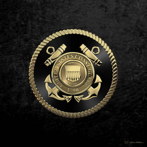 'military Insignia & Heraldry' Collection By Serge Averbukh Poster featuring the digital art U. S. Coast Guard - U S C G Emblem Black Edition over Black Velvet by Serge Averbukh